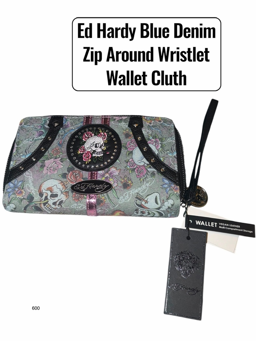 *new* Ed Hardy Blue Denim Zip Around Wristlet Wallet Clutch